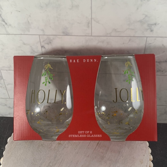 NWT set of 2 Rae Dunn Holly jolly stemless wine glasses - Picture 2 of 4